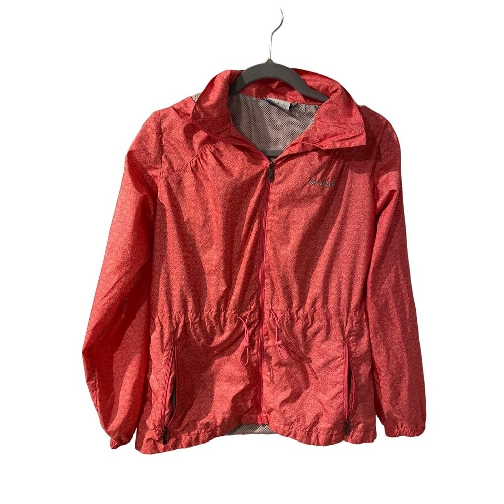 Columbia Windbreaker Jacket Scroll Coral Pink Mesh Lined Small Gorpcore